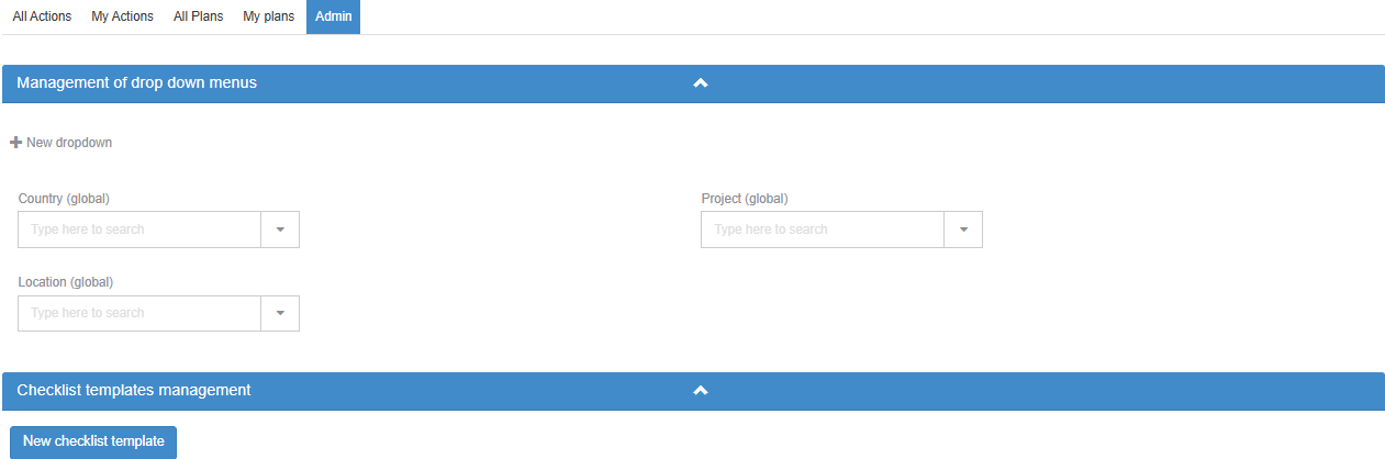 Admin tab of the Action Manager with New dropdown and the tagging fields