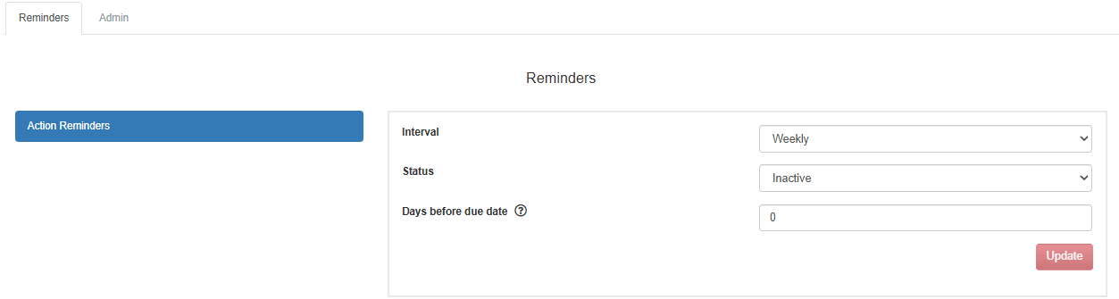 Action Reminders panel on the Reminders tab, with Interval, Status, Days before due date and Update