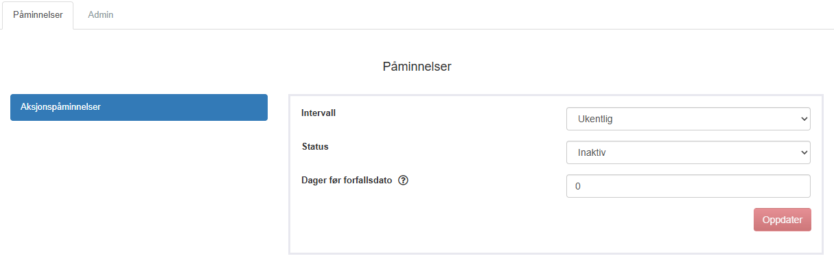 Panelet Aksjonspåminnelser på fanen Påminnelser, med Intervall, Status, Dager før forfallsdato og Oppdater