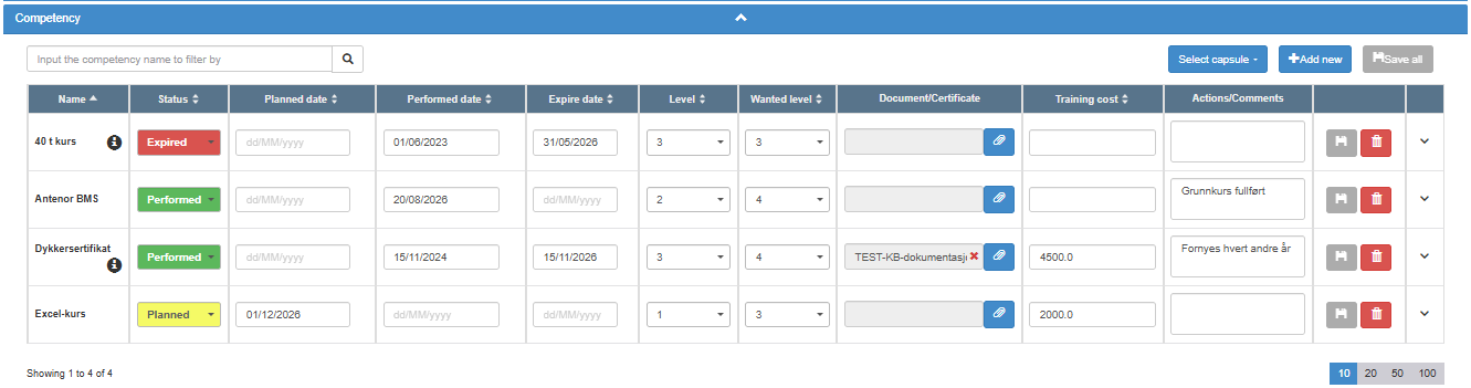 Four registered competencies for an example person, with status, dates, levels, a certificate, cost and comments