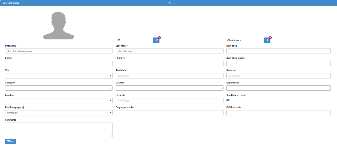 User information section on the details page of an example person, with the fields and the Save button