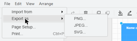 The File menu with the Export as submenu open: PNG, JPEG and SVG