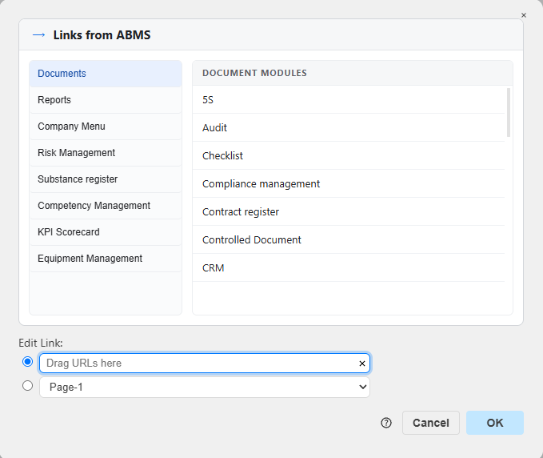 The link dialog with Links from ABMS: the categories on the left, the list of document modules on the right, and the Edit Link field below