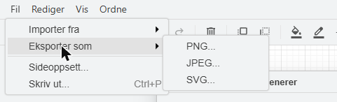 Menyen Fil med undermenyen Eksporter som åpen: PNG, JPEG og SVG