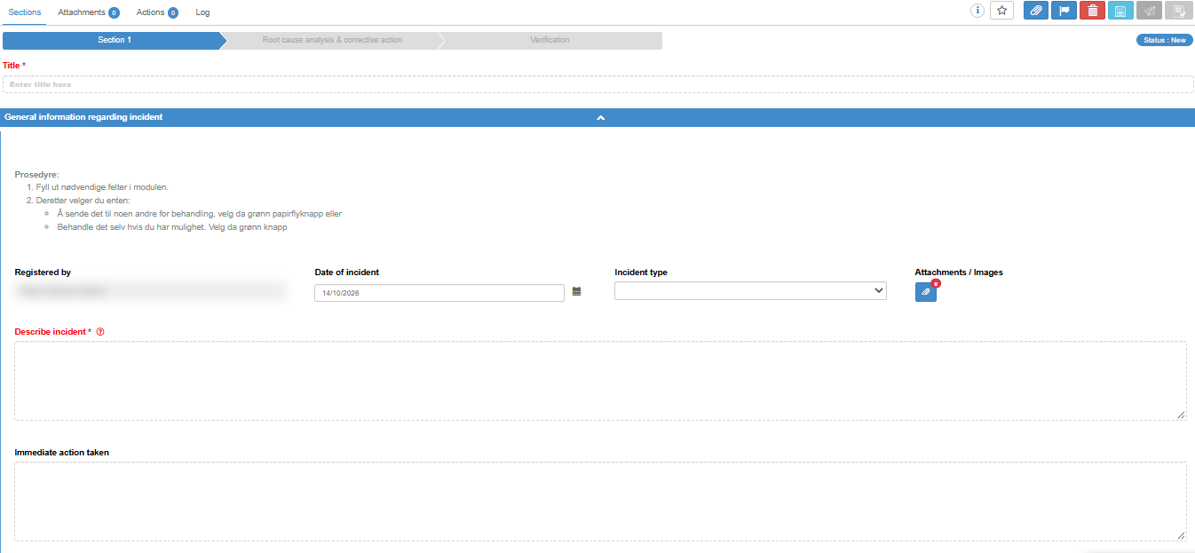 An example document form in edit mode: a title, a static name field, a date, a dropdown, an attachment button and two text areas (labels and fields vary by module)