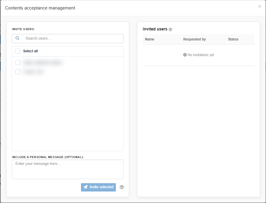 The Contents acceptance management dialog, with the user list on the left (names blurred) and Invited users on the right