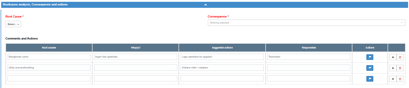 A table field with example rows: text columns, an action button per row, and the buttons to add and delete rows; above it two selection fields