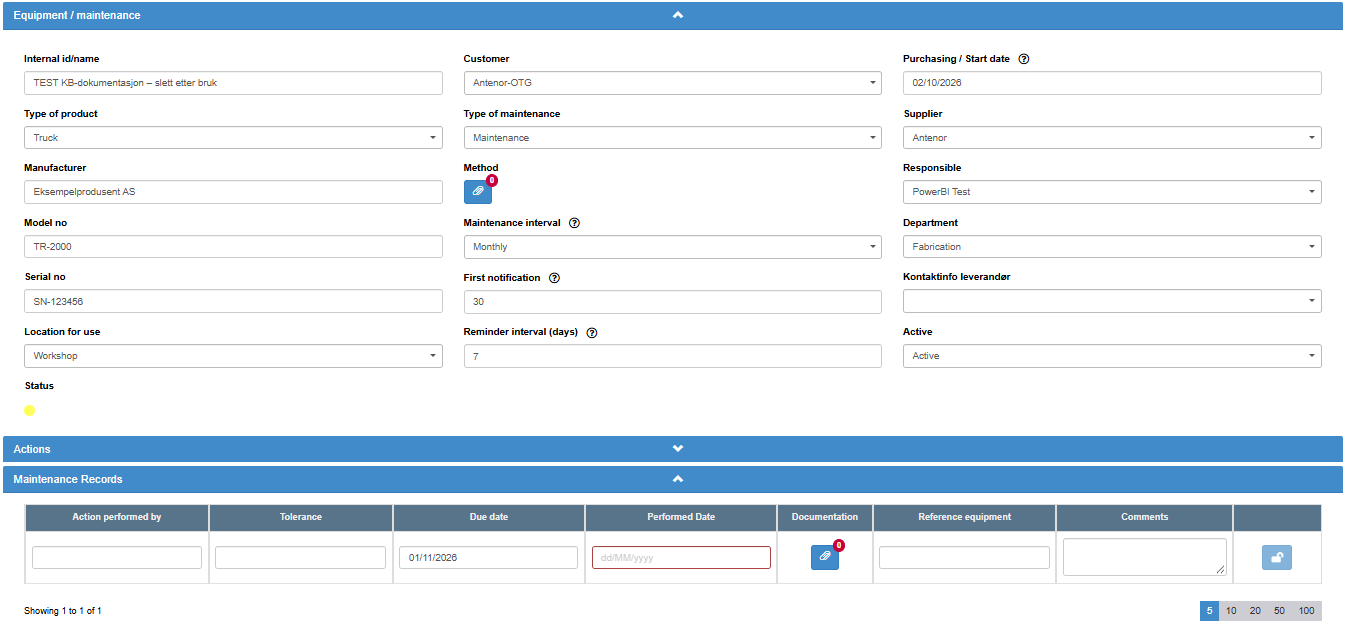 Equipment page of a new example item, with the Equipment / maintenance fields and the notice under Maintenance Records