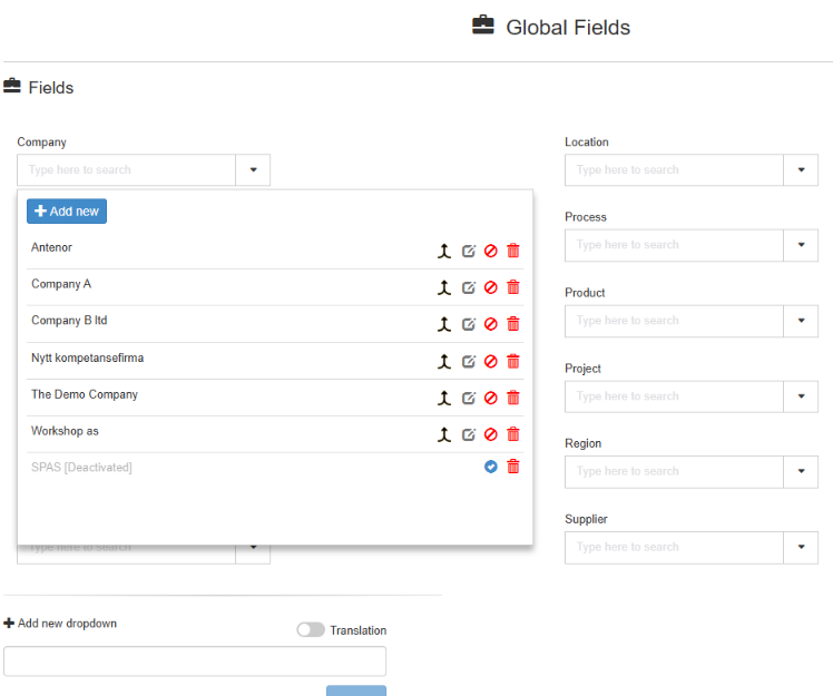 The Global Fields page with one field opened, showing its values and the merge, edit, deactivate and delete icons