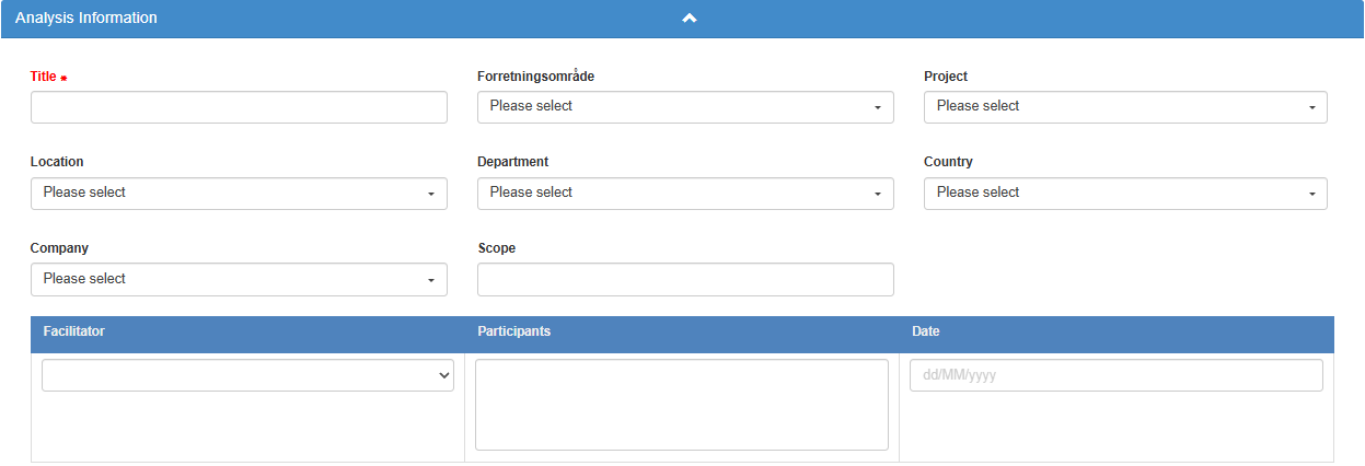 Analysis Information panel of a new risk analysis, with Title, the global fields, Scope, Facilitator, Participants and Date