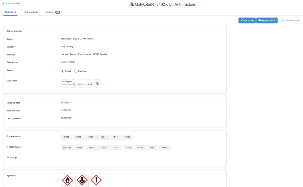 The page for an example data sheet in view mode, with supplier details, dates, P and H statements and hazard symbols