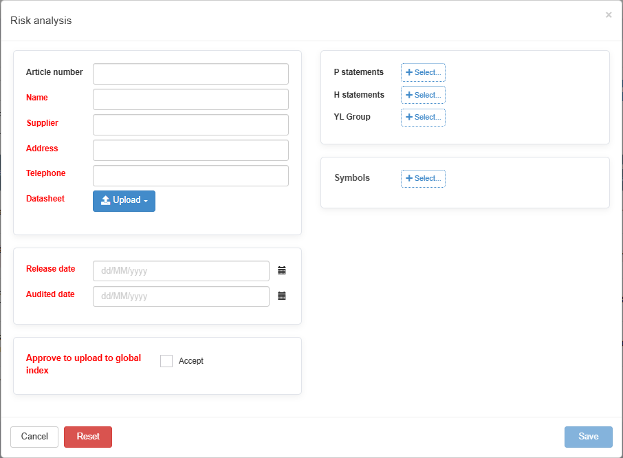 New data sheet dialog titled Risk analysis, with the product fields, dates, the Accept box and the statement selectors