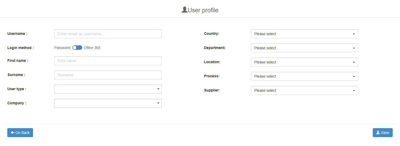 User profile form for a new user