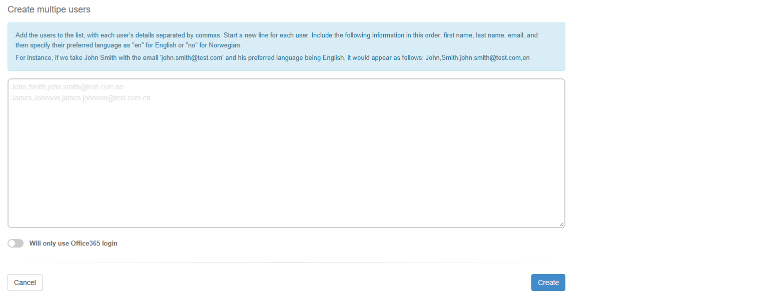 Page for creating multiple users