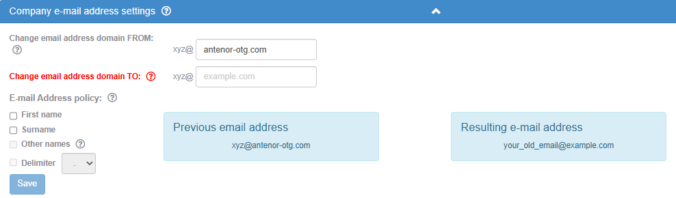 Company e-mail address settings with the domain fields, E-mail Address policy and the address preview