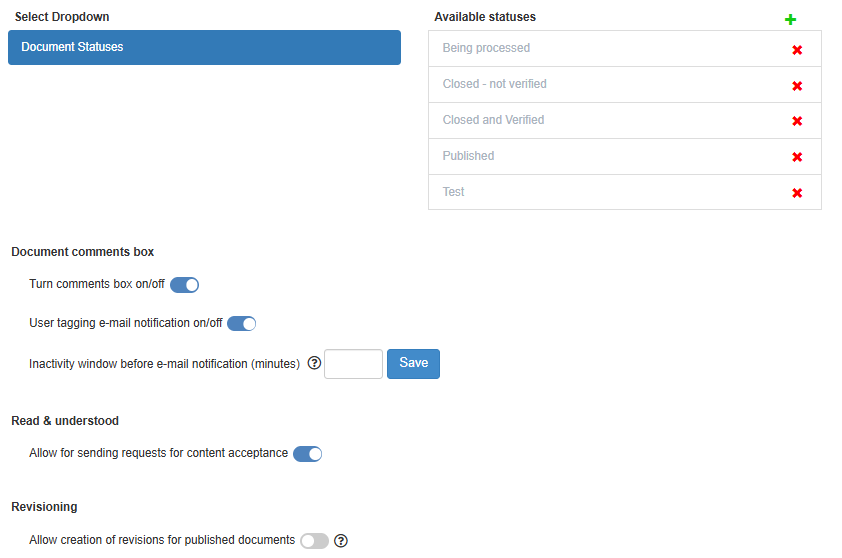 Admin tab of a module with Document statuses, Document comments box, Read & understood and Revisioning