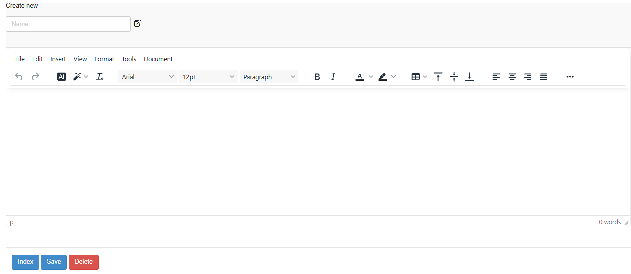 Create new page with the Name box, the text editor and the Index, Save and Delete buttons
