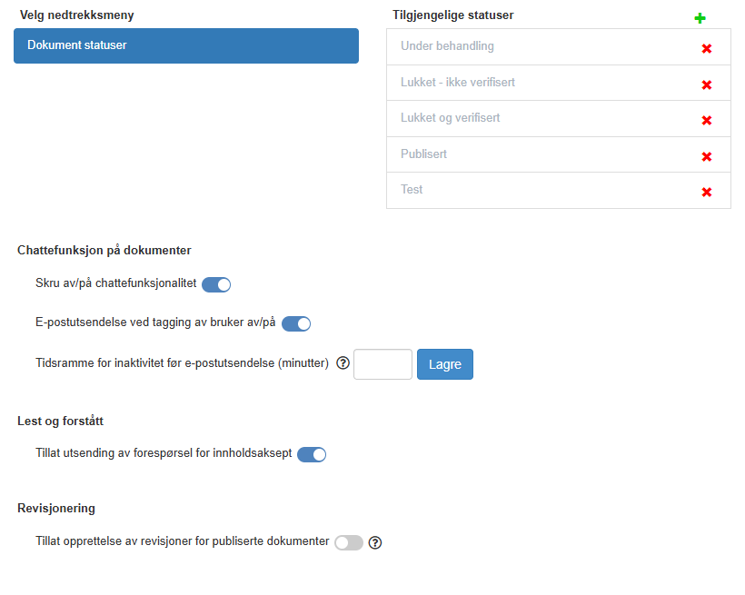 Fanen Admin for en modul med dokumentstatuser, Chattefunksjon på dokumenter, Lest og forstått og Revisjonering